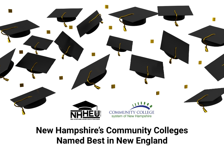 Graduation caps flying over New Hampshire community colleges logos by IBEW Local 2320