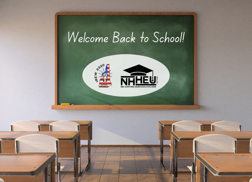 Classroom chalkboard with Welcome Back to School message and NHHEU IBEW Local 2320 logos by IBEW Local 2320