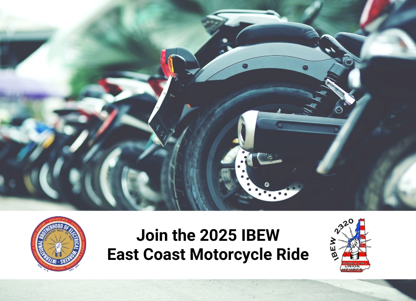 Motorcycles lined up for the 2025 IBEW East Coast Motorcycle Ride by IBEW Local 2320