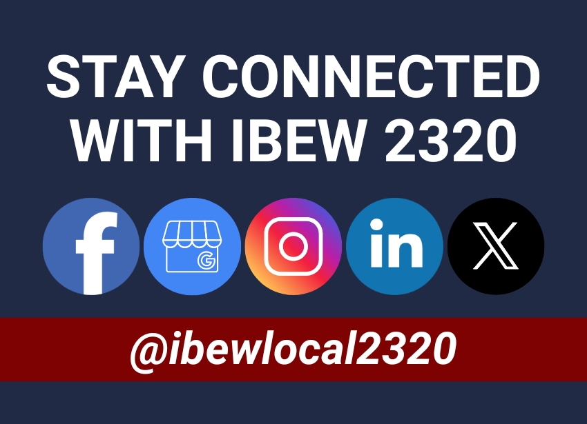 Social media icons for IBEW Local 2320 with username handle by IBEW Local 2320