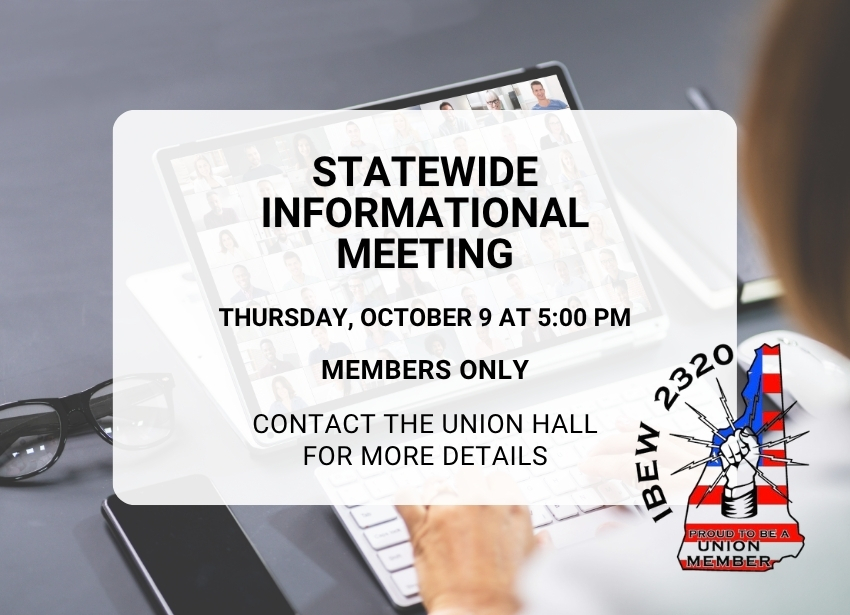 Person attending statewide informational meeting on laptop via Zoom by IBEW Local 2320