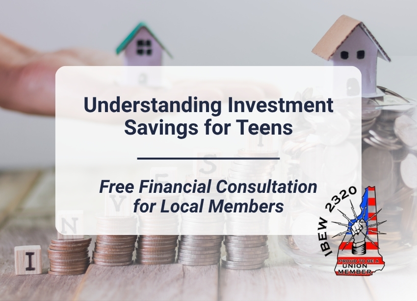 Stacks of coins with small house models and financial consultation text by IBEW Local 2320