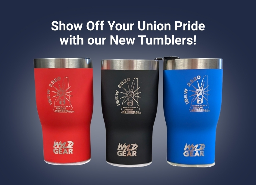 Three union tumblers in red black and blue with IBEW Local 2320 logo by IBEW Local 2320