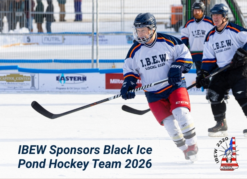 IBEW Local 2320 hockey player skating on outdoor ice rink in NH by IBEW Local 2320