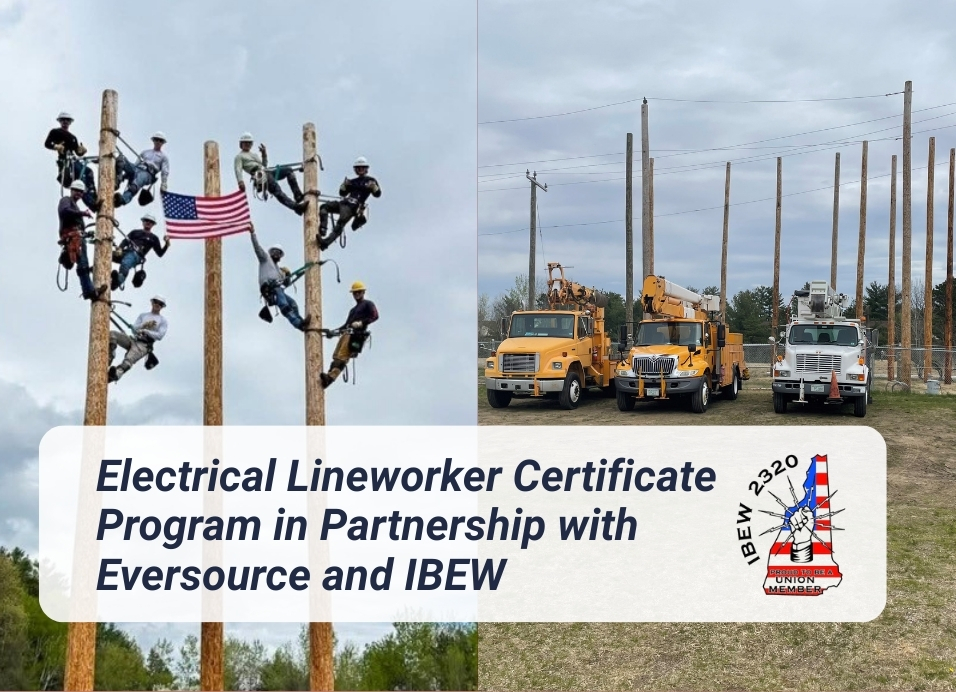 Electrical lineworkers climbing poles with American flag and utility trucks in NH by IBEW Local 2320